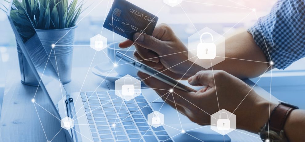 Credit card data security unlock payment shopping online on smartphone